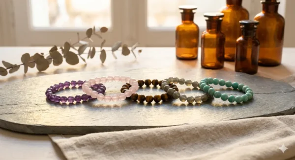 Une sélection de 5 bracelets en pierres naturelles distinctes (Améthyste, Quartz Rose, Œil de Tigre, Labradorite, Amazonite) posés sur une pierre d'ardoise polie.