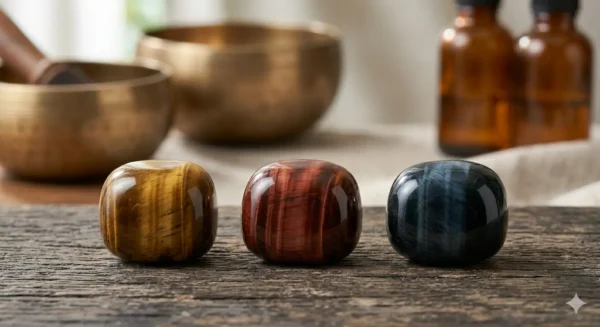 Trois pierres polies alignées : Œil de Tigre (jaune), Œil de Taureau (rouge) et Œil de Faucon (bleu).