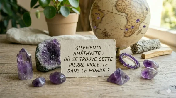Image à la une pour l'article sur les gisements d'améthyste, montrant des géodes, un globe terrestre et des pierres roulées avec un carton écrit en français : "GISEMENTS AMÉTHYSTE : OÙ SE TROUVE CETTE PIERRE VIOLETTE DANS LE MONDE ?". Ambiance naturelle avec une plante Pilea et de la sauge en arrière-plan.