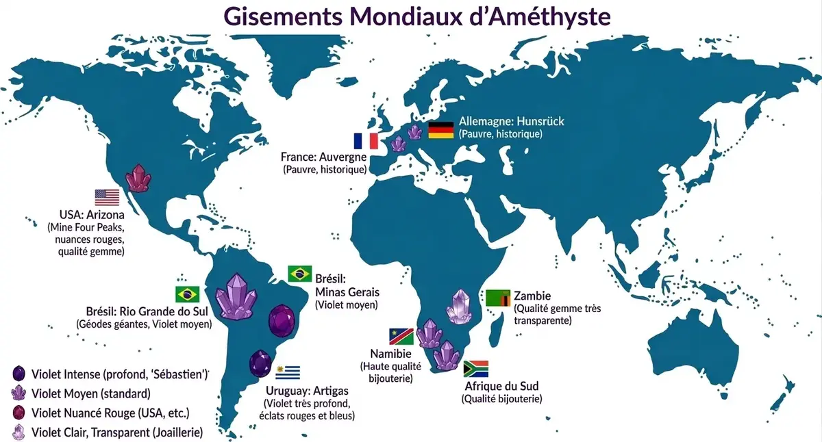 Carte du monde des principaux gisements d'améthyste