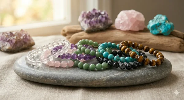 Sélection de bracelets en pierres naturelles (Améthyste, Quartz Rose, Turquoise, Œil de Tigre) posés sur une pierre minérale.
