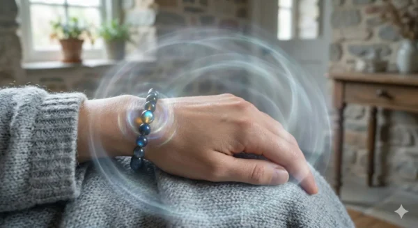 Gros plan main femme portant bracelet labradorite irisée aux reflets bleus intenses, lithothérapie protection émotionnelle.