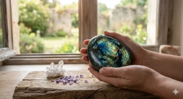 Gros plan d'une main d'une femme tenant un galet de labradorite irisée, lithothérapie pour propriétés et vertus protectrices.