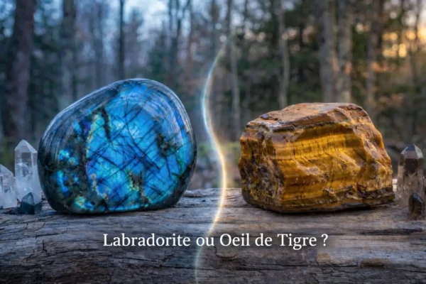 Comparaison pierre labradorite irisée reflets bleus (bouclier défenisif) et pierre œil de tigre doré chatoyant (force offensive) sur bois flotté, lithothérapie.
