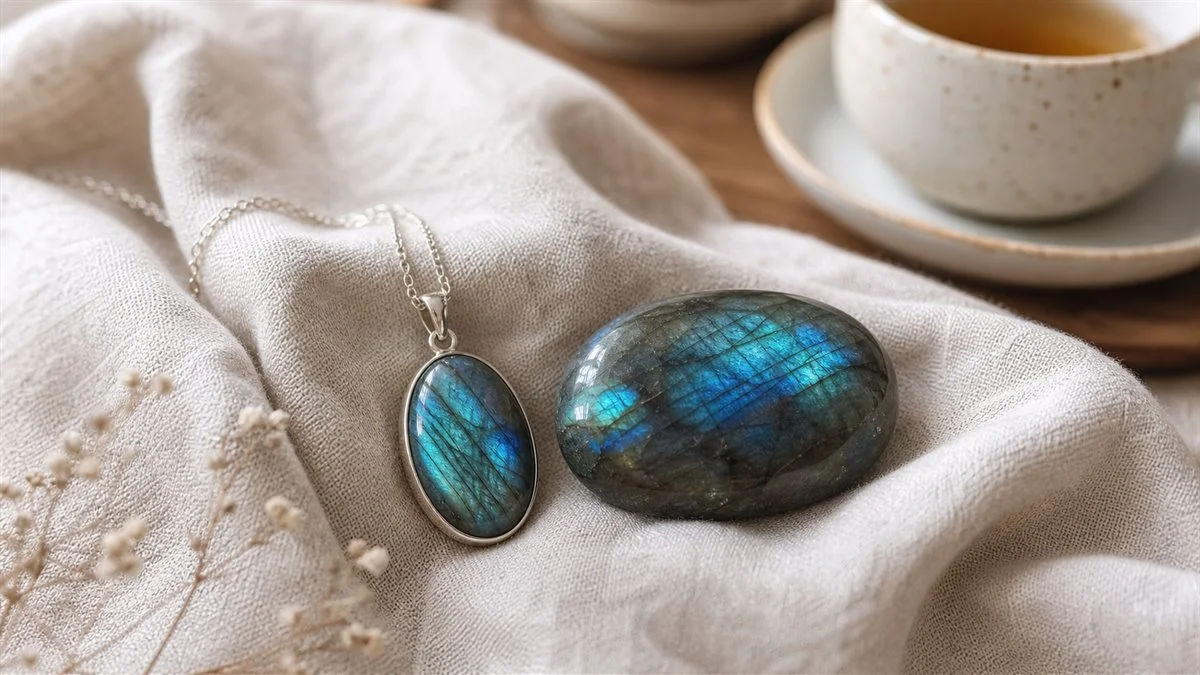 Pendentif et galet de Labradorite aux reflets bleus