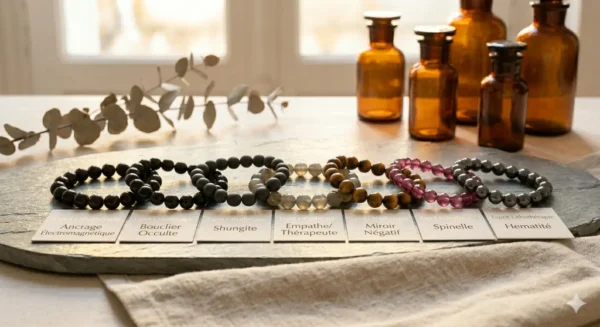 Un alignement de 7 bracelets en pierres de protection (Tourmaline, Obsidienne, Labradorite, Œil de Tigre) posés sur une ardoise minérale grise.