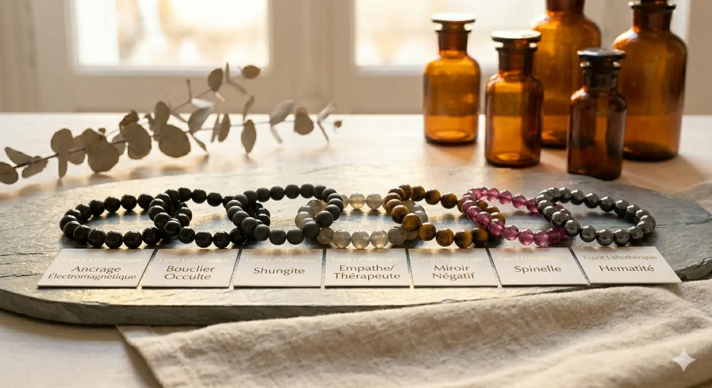 Bracelets en pierres naturelles de protection Tourmaline Obsidienne Labradorite et Oeil de tigre