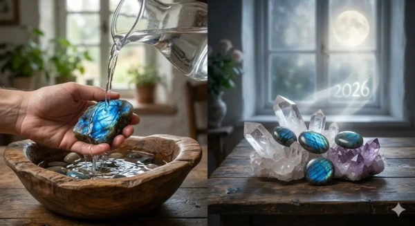 Scène scindée : main tenant labradorite brute sous eau carafe (nettoyage) et labradorites polies sur amas quartz à la lumière lune (rechargement).