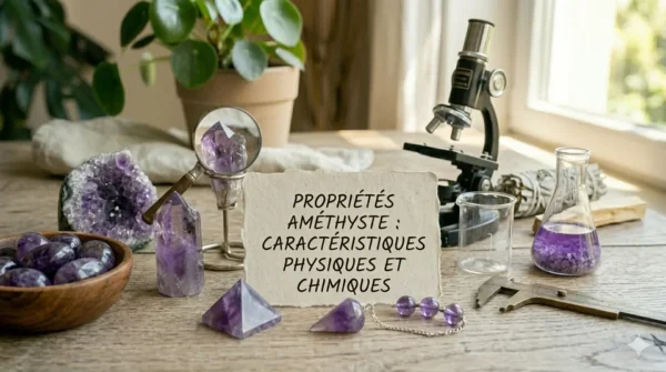 Image à la une pour l'article sur les propriétés physiques et chimiques de l'améthyste, montrant des géodes, un microscope vintage, un pied à coulisse et des éprouvettes avec un carton écrit en français : "PROPRIÉTÉS AMÉTHYSTE : CARACTÉRISTIQUES PHYSIQUES ET CHIMIQUES". Ambiance naturelle avec une plante Pilea et de la sauge en arrière-plan.