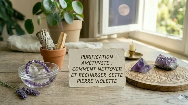 Image à la une pour l'article sur la purification de l'améthyste, montrant des pierres violettes dans l'eau, un cristal grid (fleur de vie), de la sauge fumante et un carton écrit en français : "PURIFICATION AMÉTHYSTE : COMMENT NETTOYER ET RECHARGER CETTE PIERRE VIOLETTE". Ambiance naturelle avec une plante Pilea et de la sauge en arrière-plan.