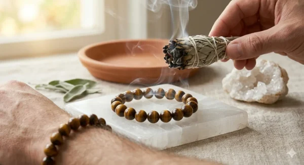 Rituel de fumigation d'un bracelet en Œil de Tigre avec un bâton de sauge blanche sur une plaque de sélénite.