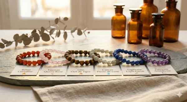 Une sélection de 6 bracelets en pierres naturelles distinctes (Bélier, Taureau, Lion) posés sur une ardoise minérale grise.