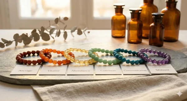 Un alignement de 6 bracelets en pierres de couleurs différentes (rouge, orange, jaune, vert, bleu, violet) posés sur une ardoise minérale grise.