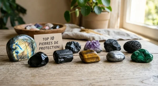 Collection des 10 pierres de protection les plus puissantes en lithothérapie, incluant Labradorite, Œil de Tigre et Améthyste sur une table en bois.