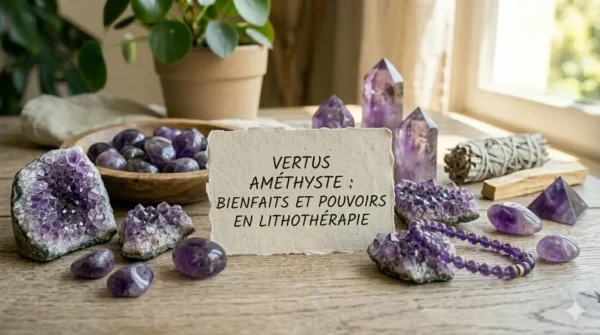 Image à la une pour l'article sur les vertus de l'améthyste, montrant une sélection variée de géodes, amas et pierres roulées avec un carton écrit en français : "VERTUS AMÉTHYSTE : BIENFAITS ET POUVOIRS EN LITHOTHÉRAPIE". Ambiance naturelle avec une plante Pilea et de la sauge en arrière-plan.
