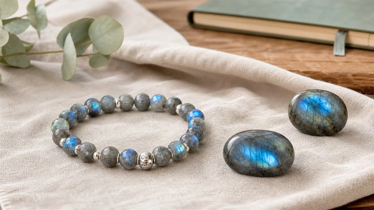 Bracelet et pierre de Labradorite naturelle aux reflets bleus