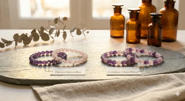 Un alignement de 4 bracelets en perles d'Améthyste et de Quartz Rose montrant des inclusions naturelles posés sur une ardoise minérale grise.