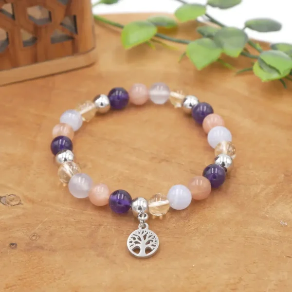 Bracelet en perles naturelles d'Améthyste violette, Pierre de Lune, Calcédoine bleue et Citrine jaune.