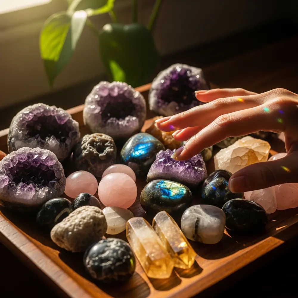 Main effleurant une collection de pierres polies