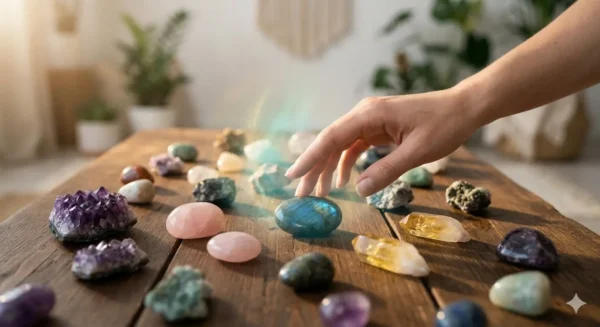Main de femme effleurant délicatement une collection de pierres polies et brutes (Améthyste, Quartz, Labradorite, Citrine) pour illustrer le choix par intuition et ressenti vibratoire en lithothérapie