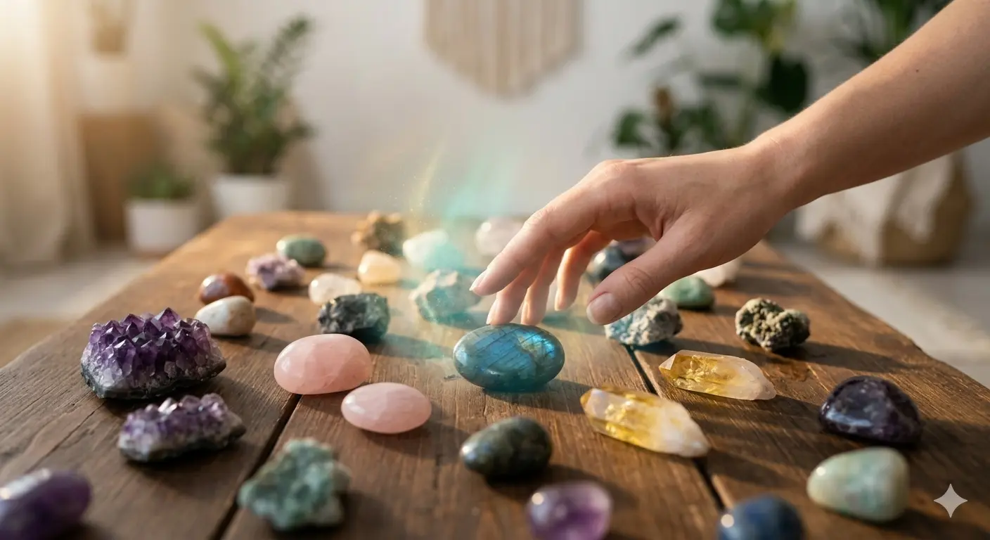 Main choisissant des pierres naturelles polies et brutes par intuition