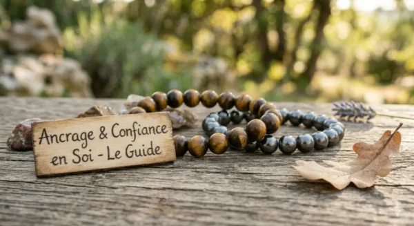 Bracelets en Œil de Tigre et Hématite pour l'ancrage et la confiance en soi, posés sur du bois naturel au coucher du soleil.