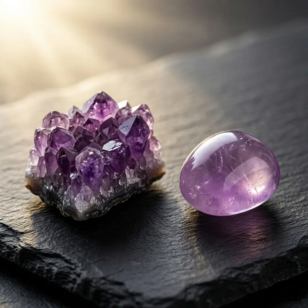Comparaison Améthyste brute vs Améthyste polie