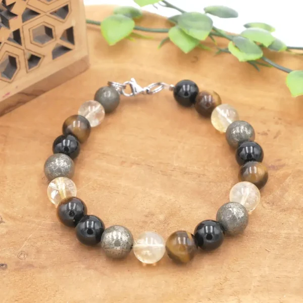 Bracelet en pierres naturelles de citrine naturelle, oeil de tigre, onyx noir et pyrite. Taille perles et bracelets au choix.