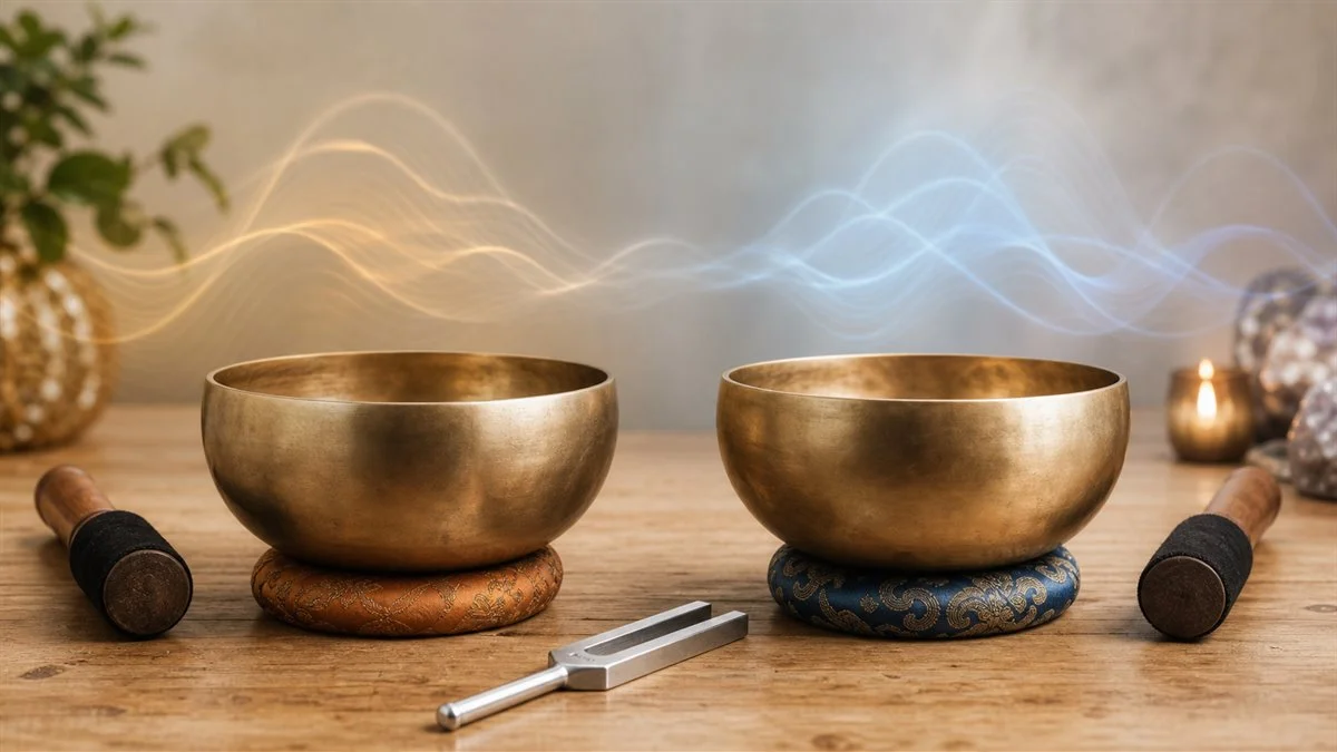 Deux bols chantants avec diapason et ondes sonores pour comparer 432 Hz et 440 Hz