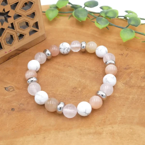 Bracelet en perles naturelles de quartz rose, howlite blanche et pierre de lune avec séparateurs inox