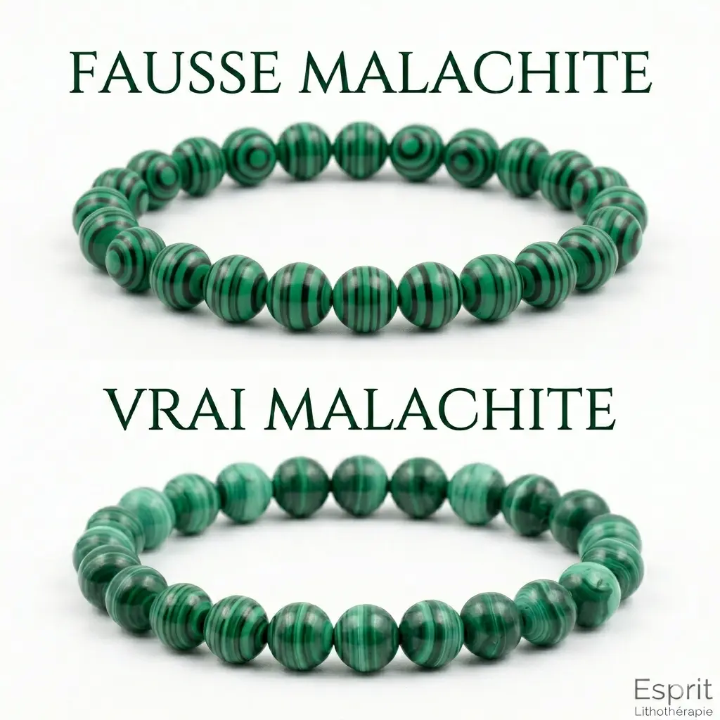 Comparaison sur fond blanc entre un faux bracelet en malachite (en haut) aux perles synthétiques rayées de lignes noires épaisses et régulières, et un vrai bracelet en malachite (en bas) aux perles de nuances vertes naturelles et cernes de croissance organiques.