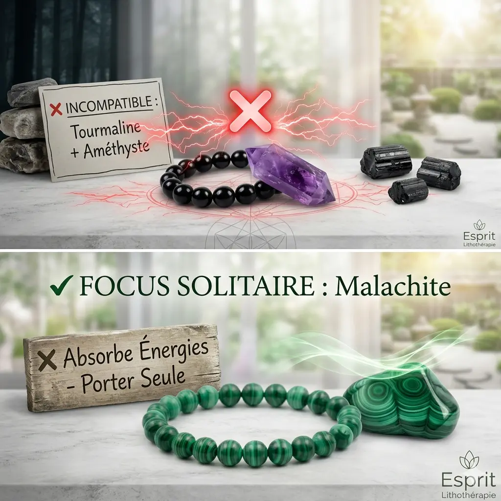Infographie comparative Esprit Lithothérapie mettant en avant le choc énergétique entre la Tourmaline et l'Améthyste, ainsi que le focus solitaire nécessaire pour l'utilisation de la Malachite.