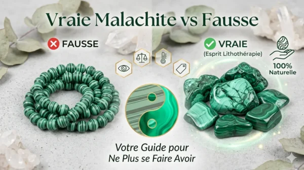 Photographie d'entête de blog en format 16:9 montrant un comparatif visuel entre de la vraie et de la fausse malachite. L'image est divisée en deux zones principales sous une lumière naturelle douce. À gauche, sous un « X » rouge et le texte « ❌ FAUSSE », se trouve une pile de perles de malachite synthétiques avec des bandes noires uniformes et artificielles. À droite, sous une coche verte et le texte « ✔️ VRAIE (Esprit Lithothérapie) », se trouvent des spécimens de malachite naturelle brute et polie avec des motifs organiques complexes et une variété de nuances de vert. Un graphique Yin-Yang stylisé sépare les deux côtés.