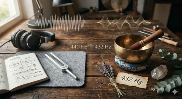 Image composite divisée en deux. À gauche, un diapason standard, un casque audio et un carnet de notes scientifiques avec des schémas, illustrant la fréquence standard moderne 440 Hz. À droite, un grand bol chantant tibétain en laiton sur son coussin, avec un maillet, des fleurs de lavande et un cristal de quartz, illustrant la fréquence naturelle 432 Hz. Des ondes sonores stylisées émanent des deux côtés, et des étiquettes textuelles "440 Hz" et "432 Hz" sont au centre.