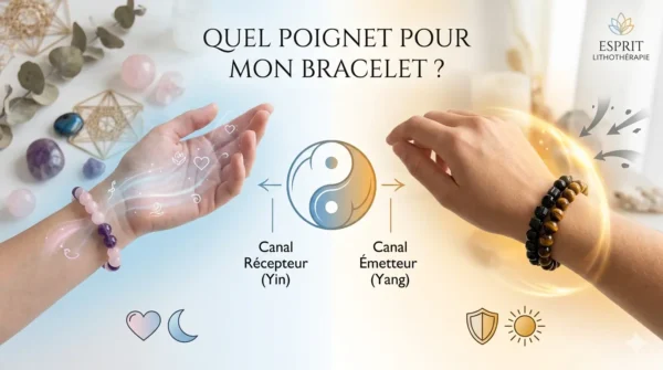 Photographie d'entête de blog montrant deux mains et poignets portant des bracelets en pierres naturelles. Le poignet gauche porte un bracelet rose Quartz Rose et Améthyste, étiqueté 'Poignet Gauche (Yin)' avec une lueur bleue et un cœur. Le poignet droit porte un bracelet noir Tourmaline et Œil de Tigre, étiqueté 'Poignet Droit (Yang)' avec une lueur dorée et un bouclier. Un symbole Yin-Yang est au centre. L'image illustre le concept de polarité énergétique émettrice et réceptrice.