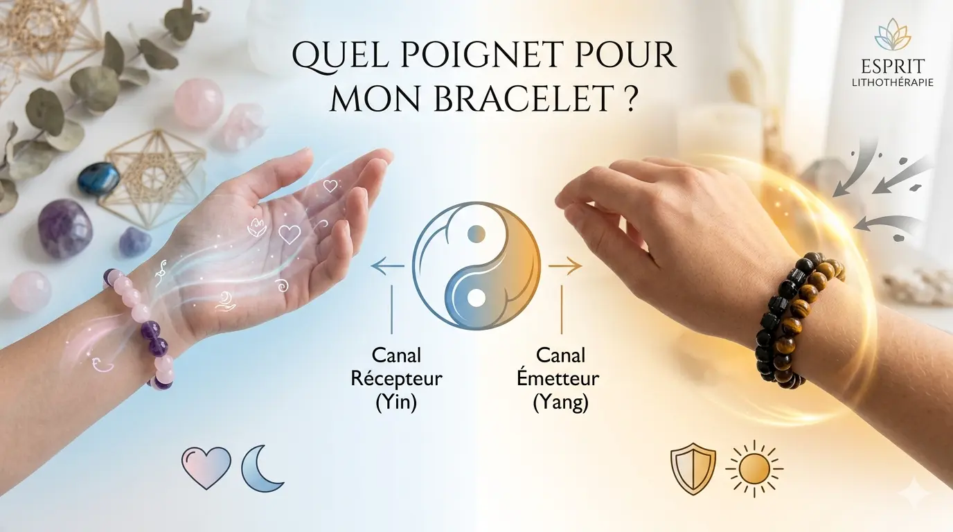 Bracelet Quartz rose au poignet gauche et bracelet Oeil de tigre au poignet droit autour du symbole Yin-Yang