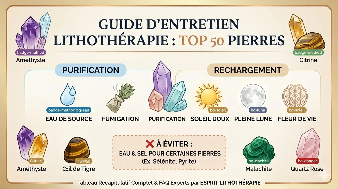 Tableau de purification et rechargement de cinquante pierres avec eau, fumigation, lune et soleil