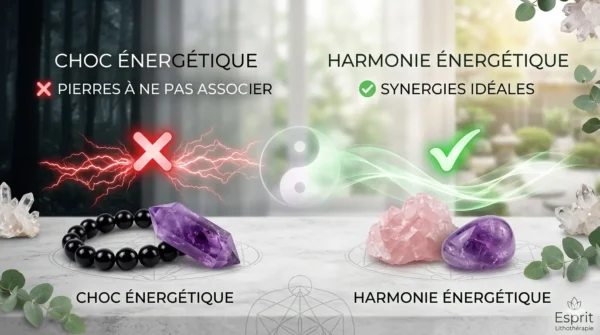 Infographie comparative montrant à gauche un choc énergétique entre un bracelet noir et un cristal d'améthyste avec des éclairs rouges sous un symbole croix, et à droite une harmonie énergétique entre un quartz rose et une améthyste polie avec des vagues vertes sous un symbole coche.