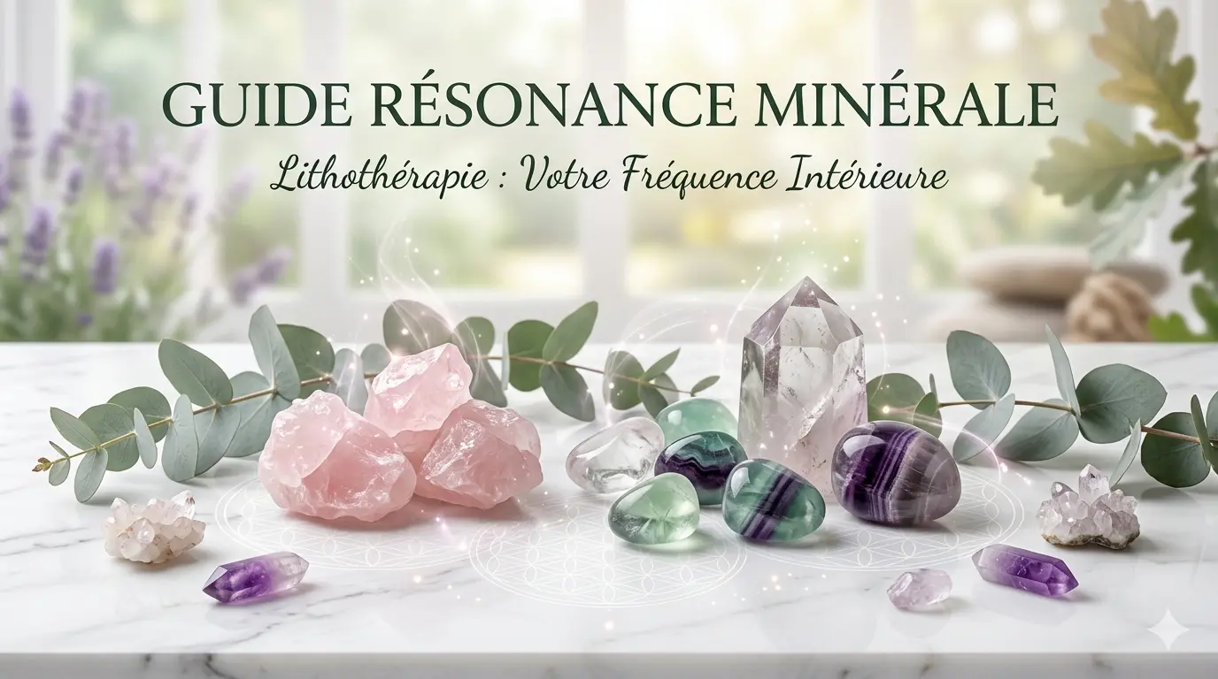 Composition d'entête premium en lithothérapie montrant des cristaux naturels (Quartz rose, Fluorite) et des feuilles d'eucalyptus disposés harmonieusement sur une surface en pierre blanche épurée, évoquant l'harmonie et l'énergie des minéraux.