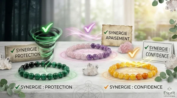 Infographie d'en-tête Esprit Lithothérapie présentant les trois synergies de bracelets en pierres naturelles validées : protection, apaisement et confiance.