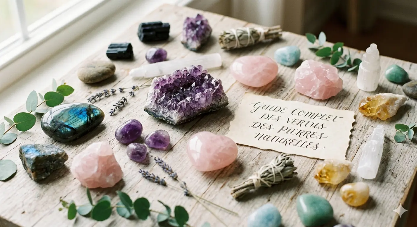 Améthyste, Quartz rose et Labradorite réunis pour illustrer les vertus des pierres naturelles