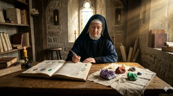 Manuscrit médiéval et cristaux sacrés d'Améthyste et de Jaspe selon la médecine d'Hildegarde de Bingen.