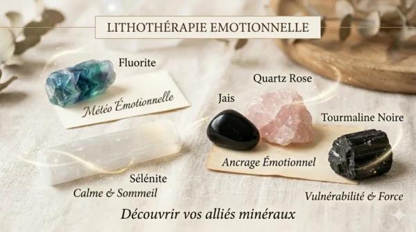 Header de blog "Lithothérapie Émotionnelle" avec cinq pierres (Fluorite, Sélénite, Jais, Quartz Rose, Tourmaline) sur un linge en lin, légendées par besoin (météo émotionnelle, calme, ancrage, vulnérabilité).