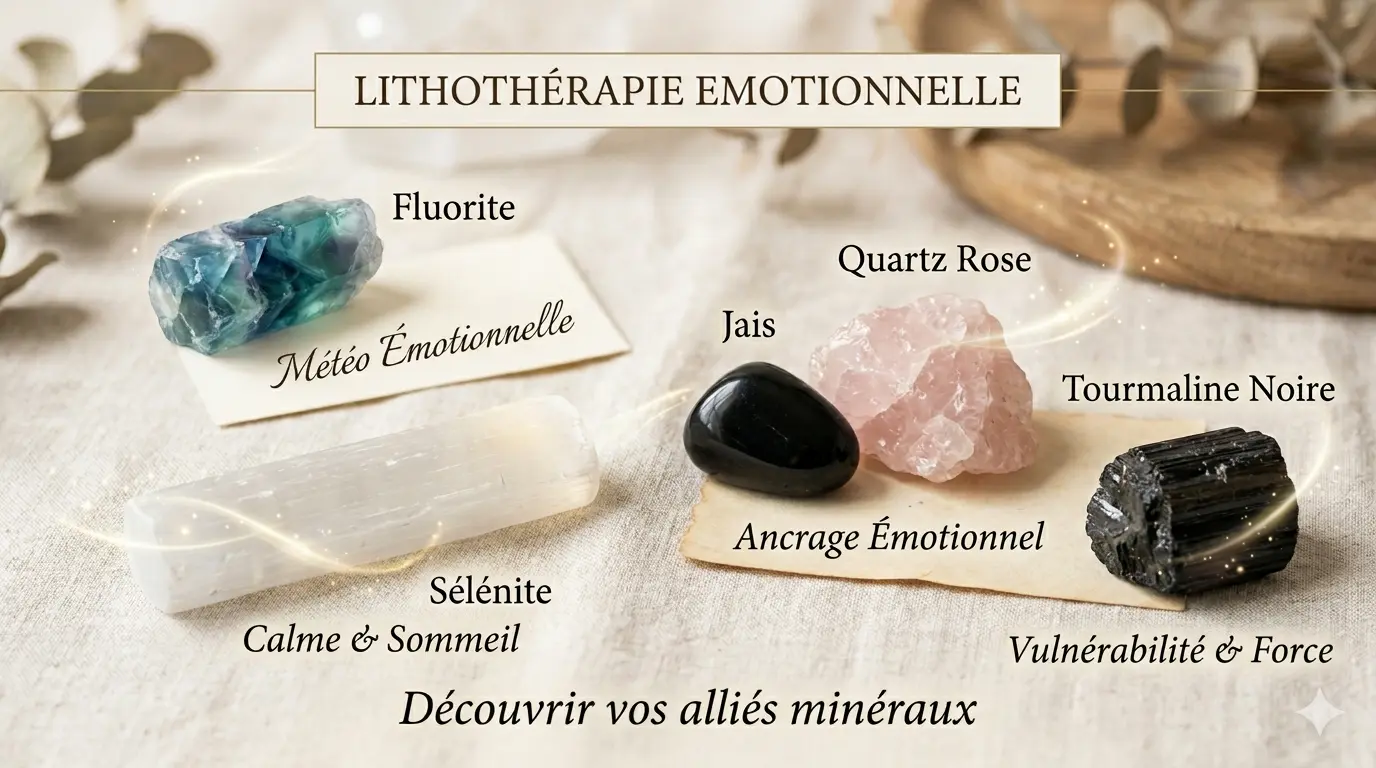 Fluorite, S&eacute;l&eacute;nite, Jais, Quartz rose et Tourmaline pour choisir un cristal selon son ressenti