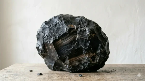 Une grande pierre d'onyx noir naturelle et brute posée sur une table en bois clair, mettant en valeur ses strates et sa texture minérale.
