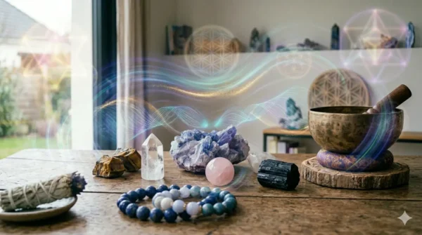 Les 5 pierres naturelles indispensables pour débuter en lithothérapie (Cristal de Roche, Améthyste, Œil de Tigre, Quartz Rose, Tourmaline Noire) sur une table avec un bol chantant tibétain.