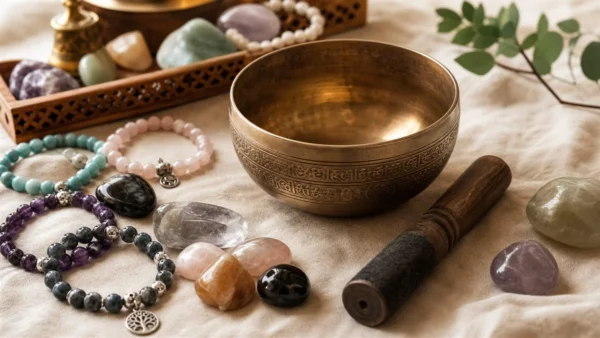 Pierres naturelles et bracelets autour d'un bol tibétain pour une purification sonore symbolique