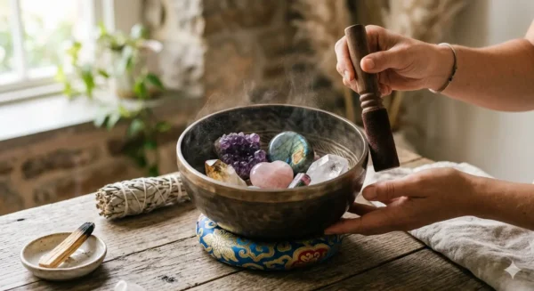 Nettoyage énergétique de cristaux (améthyste, quartz rose, labradorite) à l'intérieur d'un bol chantant tibétain avec un maillet en bois.