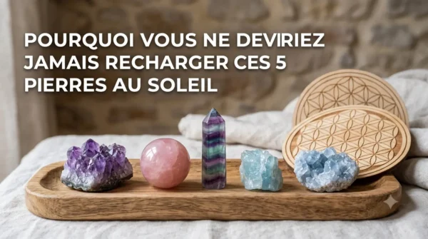Une image d'en-tête de blog présentant une collection de cinq cristaux vibrants (Améthyste, Quartz rose, Fluorite point, raw Aigue-Marine, et Célestine) disposés sur un plateau en bois naturel dans une lumière douce et diffuse, à l'abri du soleil direct. À côté d'eux, une plaque de bois Fleur de Vie suggère une méthode de recharge alternative sûre. L'ambiance est calme et naturelle.