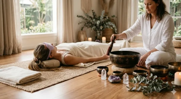 Femme allongée en relaxation profonde Yoga Nidra avec masque de sommeil, accompagnée d'un praticien utilisant un bol chantant tibétain et des cristaux d'améthyste.